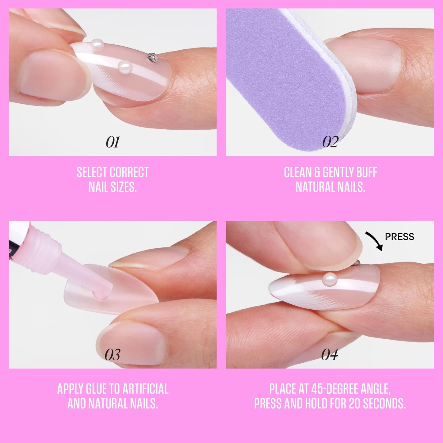 Kiss Glam, Press On Nails, Nail glue included, 'Breeze of Bliss', White, Medium Size, Almond Shape, Includes 32 Nails, 2g Glue, 1 Manicure Stick, 1 Mini File