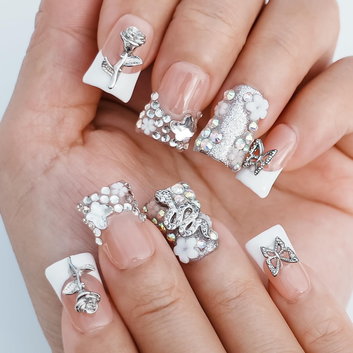 Tesytto Handmade Press on Nails Short Duck White French Tip Thick Acrylic Fake Nails 3D Floral Metallic Rose Butterflies Luxury Rhinestone Design (Silver Ash Butterfly Sheen,S)