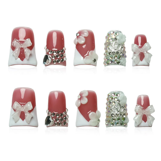 Tesytto Handmade Press on Nails Short Duck 3D White French Tip with V Design 3D Bow Flower Rhinestones Charms Nude Base Elegant Sturdy Art Pink 10 Pcs False Nails Set (Soft Pink Ivory Bow,M)