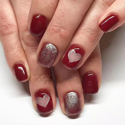 Wine Red Love Heart Valentine's Fake Nails Glitter Powder Design Full Cover Coffin Nails Glossy Press on Nails Short Square Artificial Nails Valentines Charm Stick on Nails for Women 24Pcs