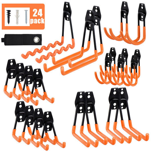 AOBEN 24PCS Garage Hooks, Heavy Duty Double Garage Hanger Organizer Wall Mount Iron Anti-Slip Garage Storage Hooks for Ladder, Power Tool,Bike,Ropes（23 Hooks & 1 hoder Strap-Orange