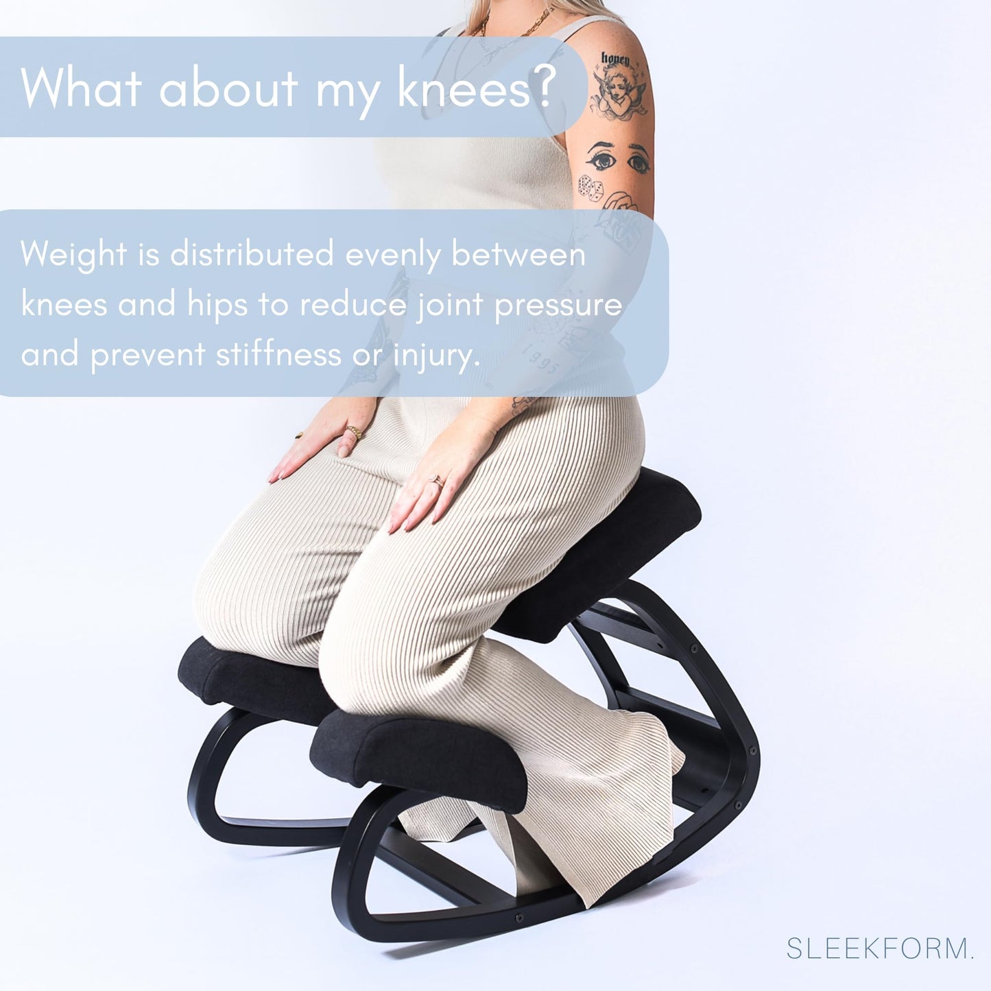 Sleekform Ergonomic Kneeling Chair | Rocking Balancing Wood Knee Stool | Posture Chair for Bad Backs, Neck Pain & Spine Tension Relief | Orthopedic Balance Seat & Thick Comfortable Knees Cushions