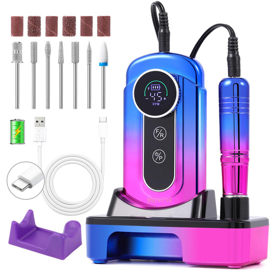 Electric Nail Drill Professional - 45000 RPM Cordless Nail Drill with Rechargeable Stand, Electric Nail File with Nail Lamp, Portable Nail Drills for Acrylic Gel Polishing Removing, Home & Salon Use