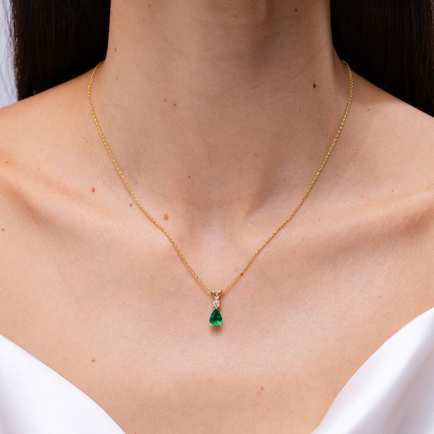 Angara 0.38 ct Emerald Teardrop V-Bale Necklace with Diamond in 14K Yellow Gold | Natural Prong-Set Emerald Pendant for Women | July Birthday Gemstone Jewelry Gift | 6x4mm