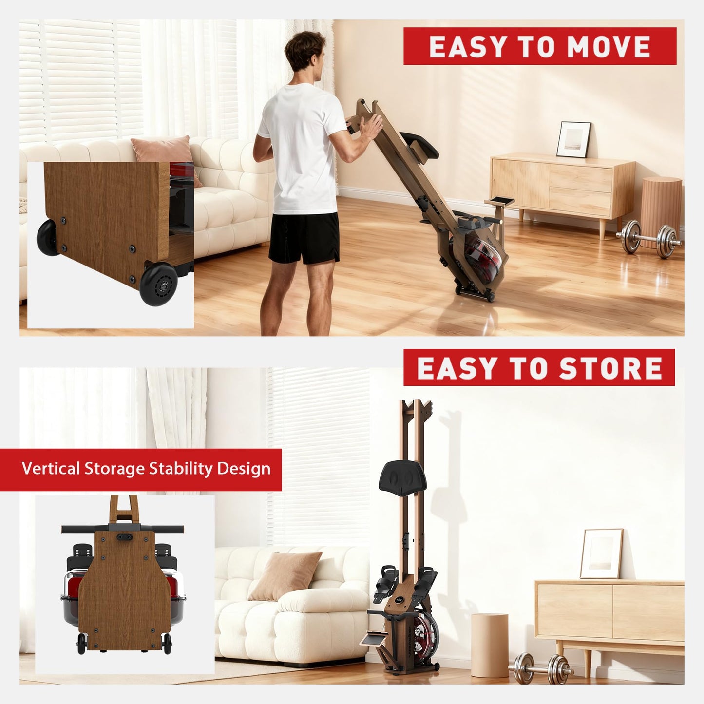 WENOKER Water Rowing Machines for Home Use, Water-Magnetic Dual Resistance Rower Machine with Smart Electronic Knob,Wooden Row Machine with Bluetooth App Compatible for Home Gym Exercise 350 LBS
