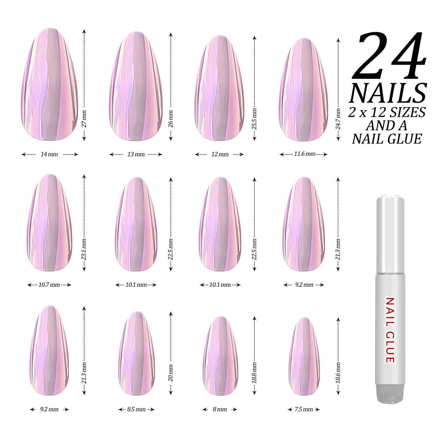 Hypnaughty Press On Nails - Caviar & Light Pink Almond Chrome, Trendy & Salon Quality Reusable Nails With Kit