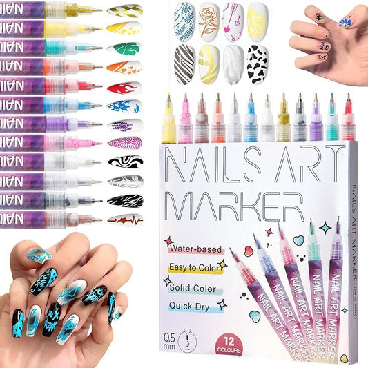 CHARMINGO 12 Colors Nail Art Pens Set - Acrylic Nail Art Markers 3D Nail Polish Pens Drawing Painting Pen for Home Salon, 0.5MM Waterproof and Quick-drying Nail Liner Pen for Nail Art DIY Decoration