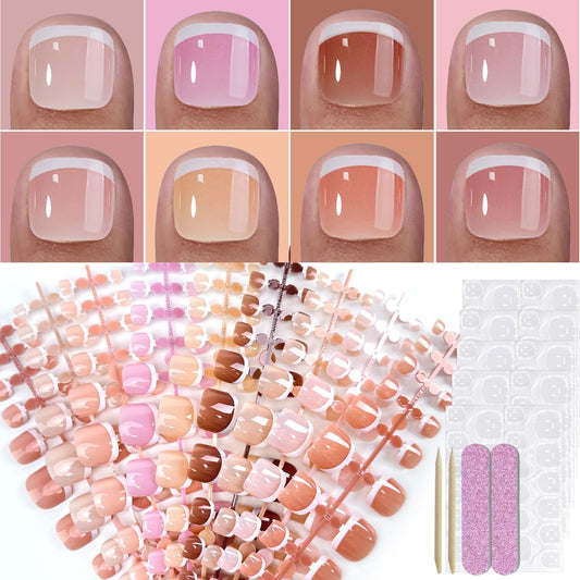 FJSMTOPl 216Pcs Press on Toenails - French Tip Toe Nails Press ons - White French Fake Toe Nails - Acrylic Glue on Toe False nails - Stick on Toenails for Women Nail Manicure