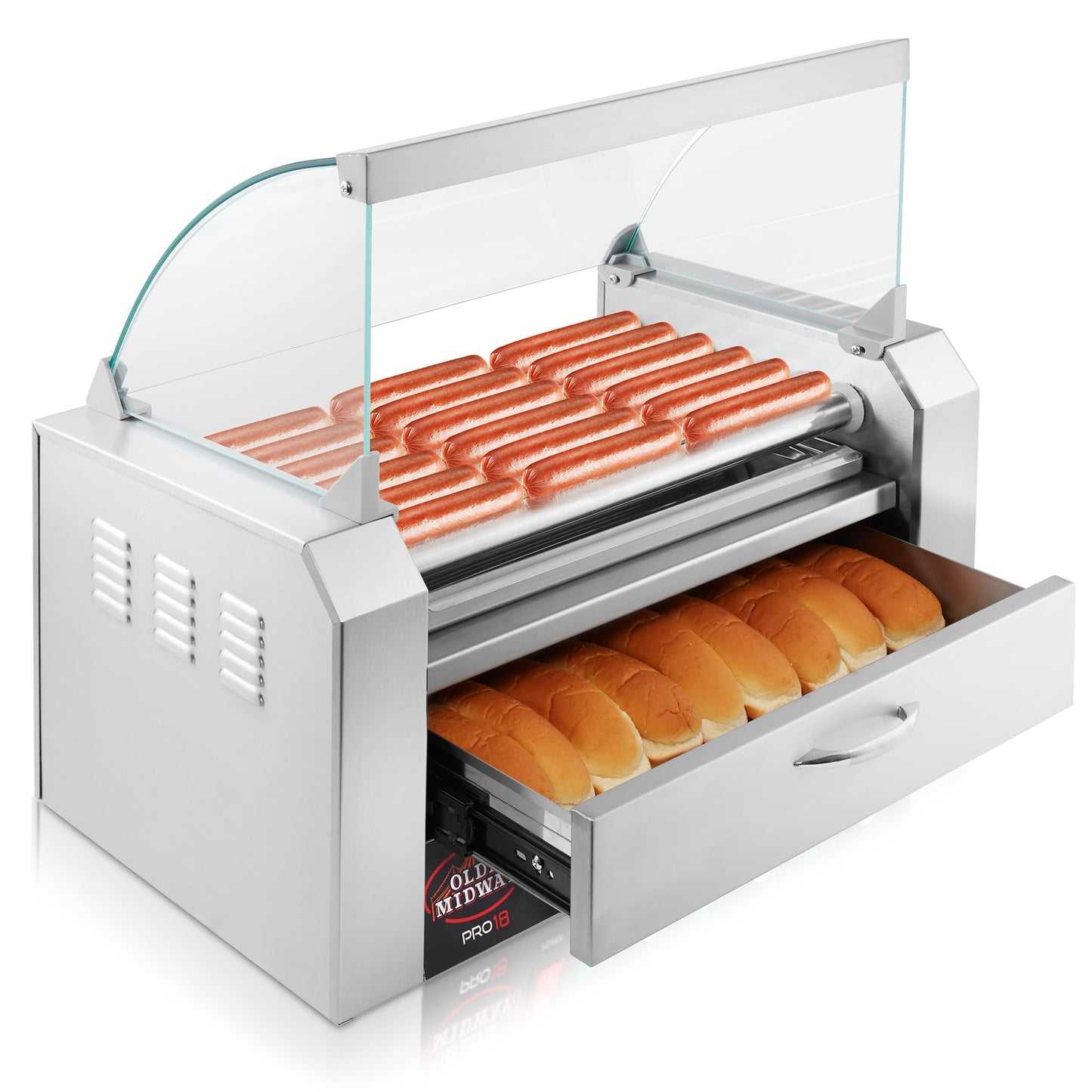 Olde Midway Electric 18 Hot Dog 7 Roller Grill Cooker Machine with Bun Warming Drawer and Cover - Commercial Grade, Stainless Steel