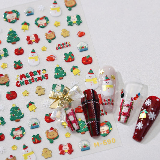 Christmas Nail Art Stickers 5D Embossed Cute Snowman Nail Stickers Self-Adhesive Christmas Eve Fruit Xmas Tree Stocking Nail Decals for Women Girls Winter Holiday Manicure DIY Nail Supplies
