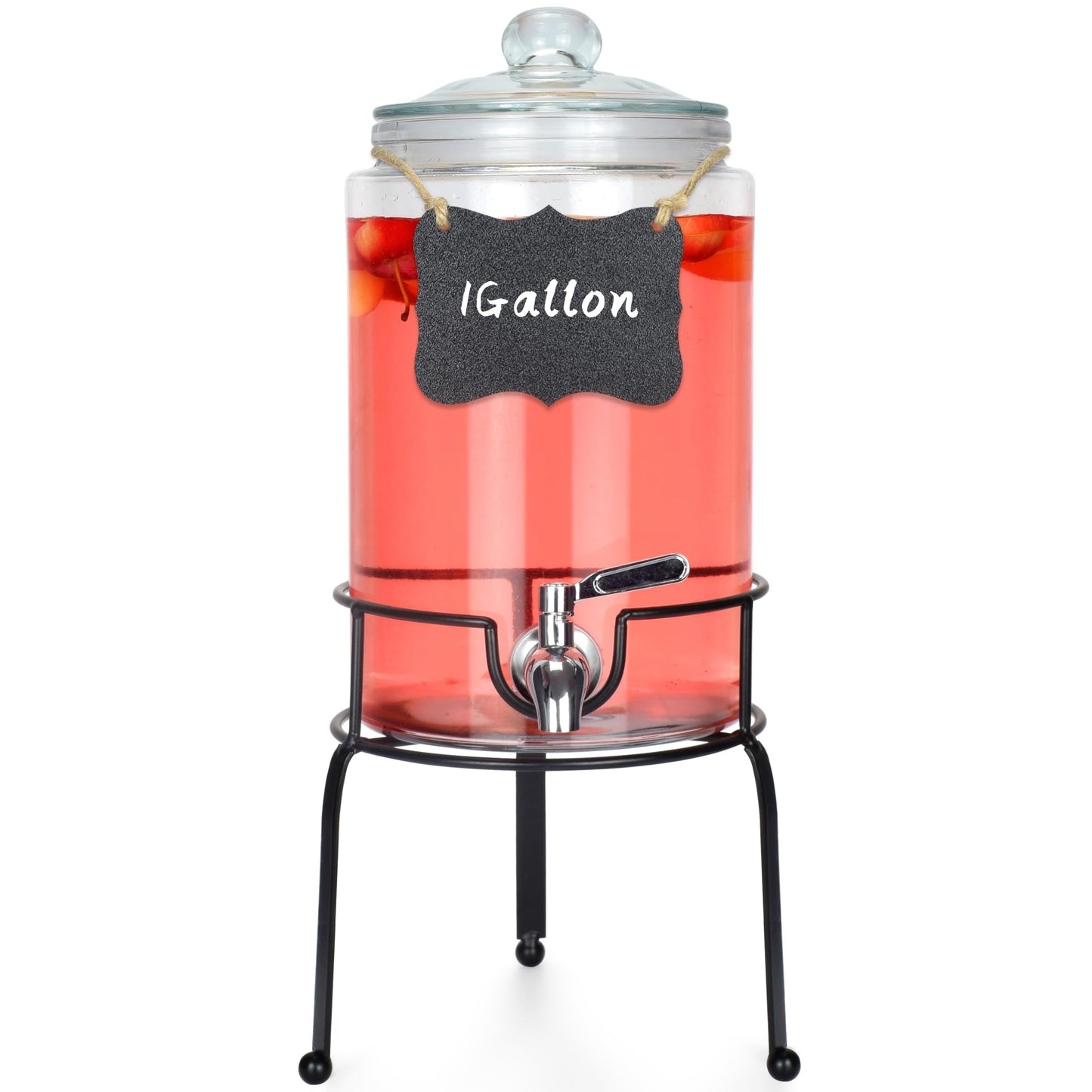 PARAISODOS 1 Gallon Beverage Dispenser 1 Pack, Stainless Steel Spigot Drink Dispenser for Parties with Stand, Clear Glass Drink Container Easy to Refill and Clean