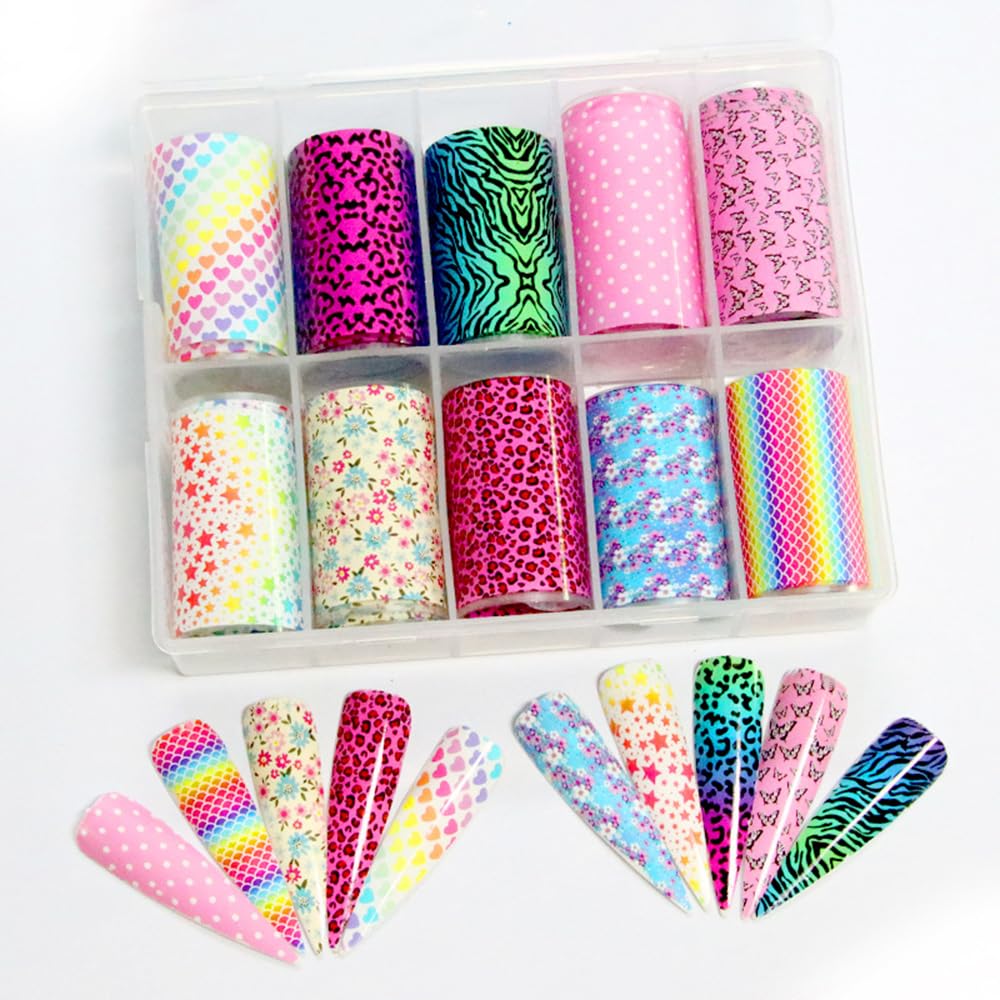 Candy Rainbow Nail Foils Transfer Nail Art Flower Nail Stickers Spring Summer Foil Nail Art Supplies 10 Rolls Leopard Print Star Heart Nails Foil Transfer Stickers Starry Sky Paper Manicure for Women