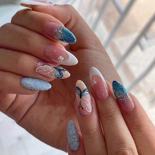 MISUD Press on Nails - Medium Almond Fake Nails with Summer Blue Butterfly Acrylic Bling Glitter Design 24 pcs
