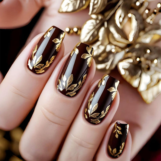 Fall Press on Nails Medium Coffin Fake Nails with Gold Leaves Designs Glossy Glue on Nails Brown Nails Press ons Autumn Acrylic Artificial Stick on Nails for Women 24Pcs