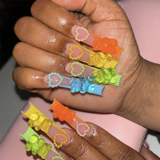 EYZOTSF Press on Nails Long Coffin Shaped Acrylic Square False Nails with Designs Artificial Extra Long Length Coffin Fake Nails with Charms Glue Stick ons Fingernails for Women Girls(XA10604)
