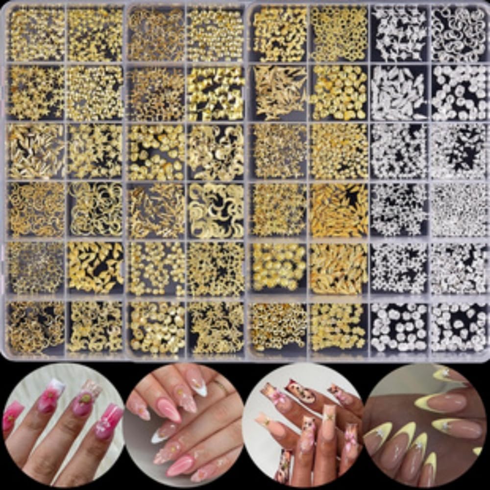 Gold Nail Charms 3D Alloy Flower Nail Gems Shiny Ocean Beach Starfish Conch Nail Jewels Multi-Shapes Metal Golden Sun Nail Art Supplies with Tweezer for Women DIY Acrylic Nail 12 Grids 1 Box