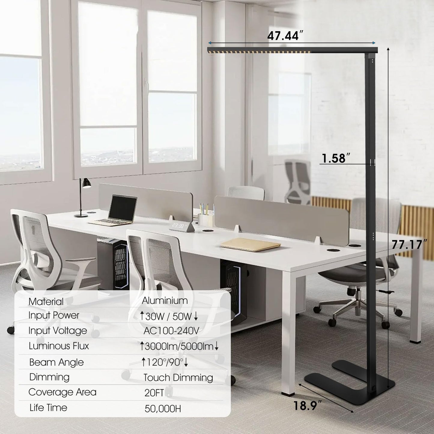 ZUIKAIG 77"LED Floor Lamp,80W Black Modern Free-Standing Lamp,8000LM Dimmable High brightness office Lamp for Reading Study Room，Living Room，Bedroom Room,Piano Room,Meeting Room 4000K Natural Daylight
