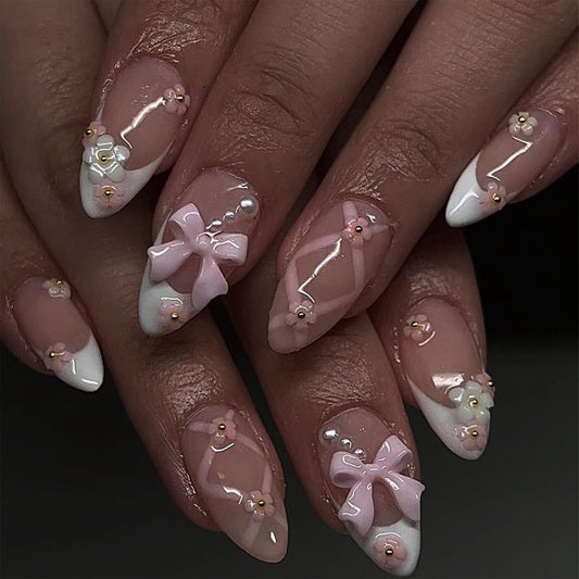 FJSMTOPl Bow Press on Nails - Flower Fake Nails Press ons - Almond Pink False Nails with Designs 3D - Acrylic French Tip Cute Glue on Nails - for Spring Women Stick on Nails 24Pcs