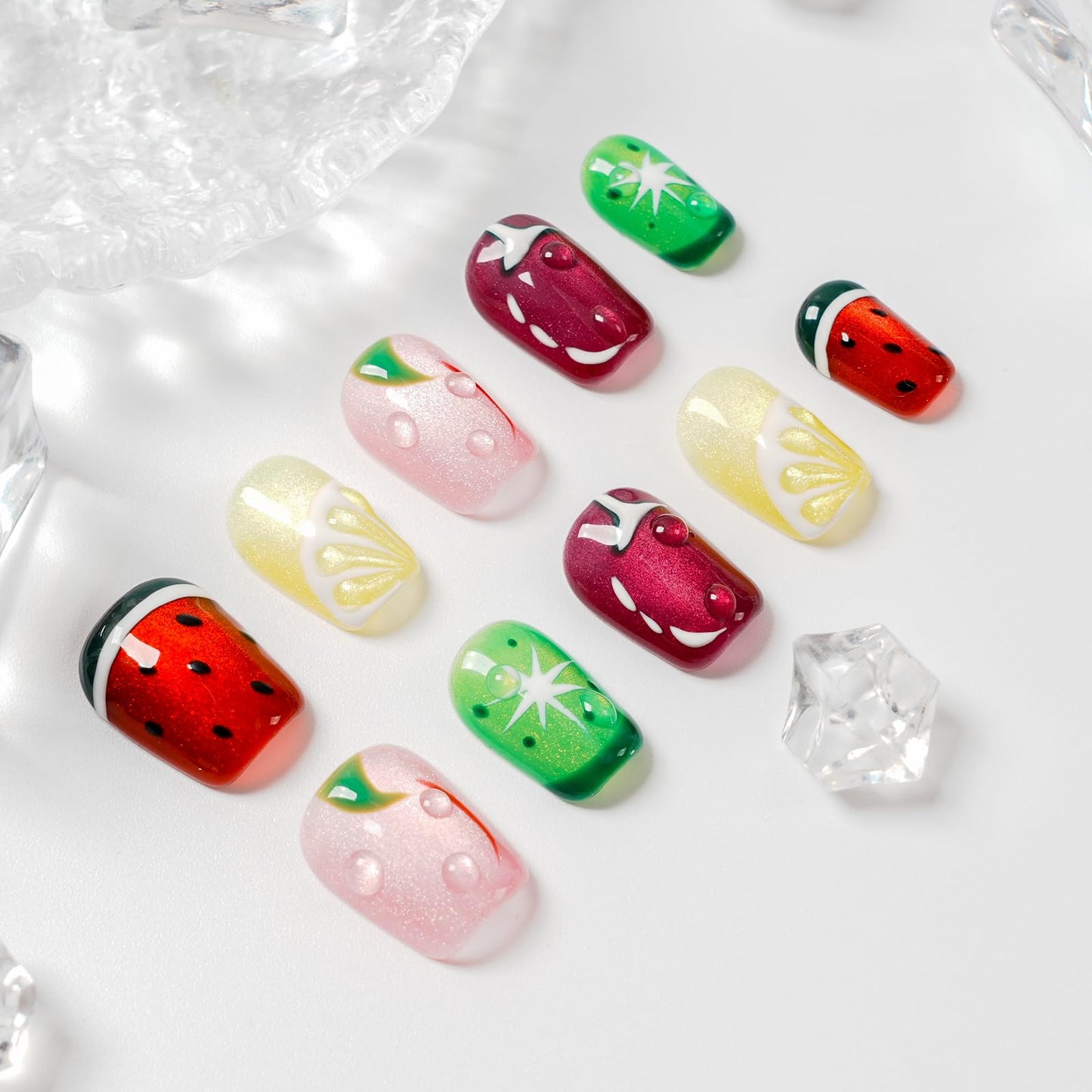 Tesytto Glitter Press on Nails Short Coffin Summer Fruit Nails Cateyes with 3D Water Drop, Hand-painted Watermelon & Lemon Art, Reusable Acrylic Full Cover Fake Nails, 10pcs (Fruit Party,L)