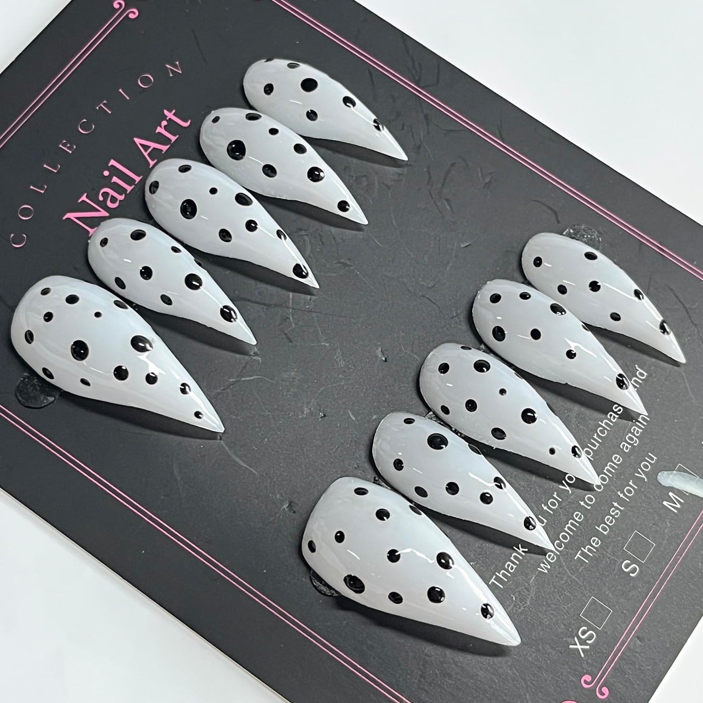 Handmade Press on Nails Medium Stiletto Fake Nails Unique Eagle Claw Thick Acrylic Nails Black&White False Nails with Polka Dots Cat Claw Designs Glossy Glue on Nail Sturdy Nail Art 10Pcs(S)