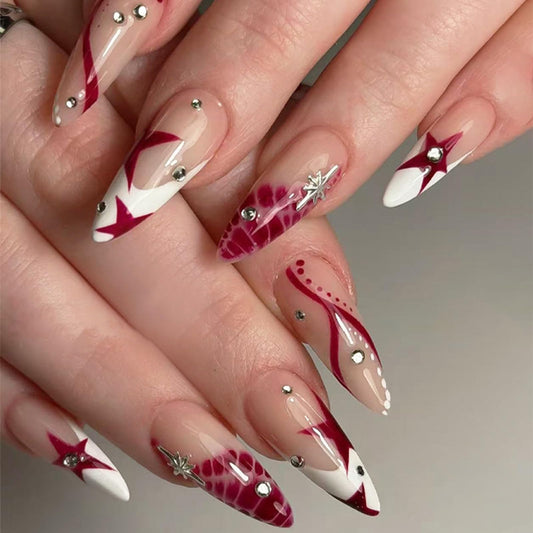 IMSOHOT Almond Press on Nails, Medium Fake Nails, Red Star Swirl Rhinestone Design, 24 Pcs Reusable Glue on Nails for Women, Salon Quality