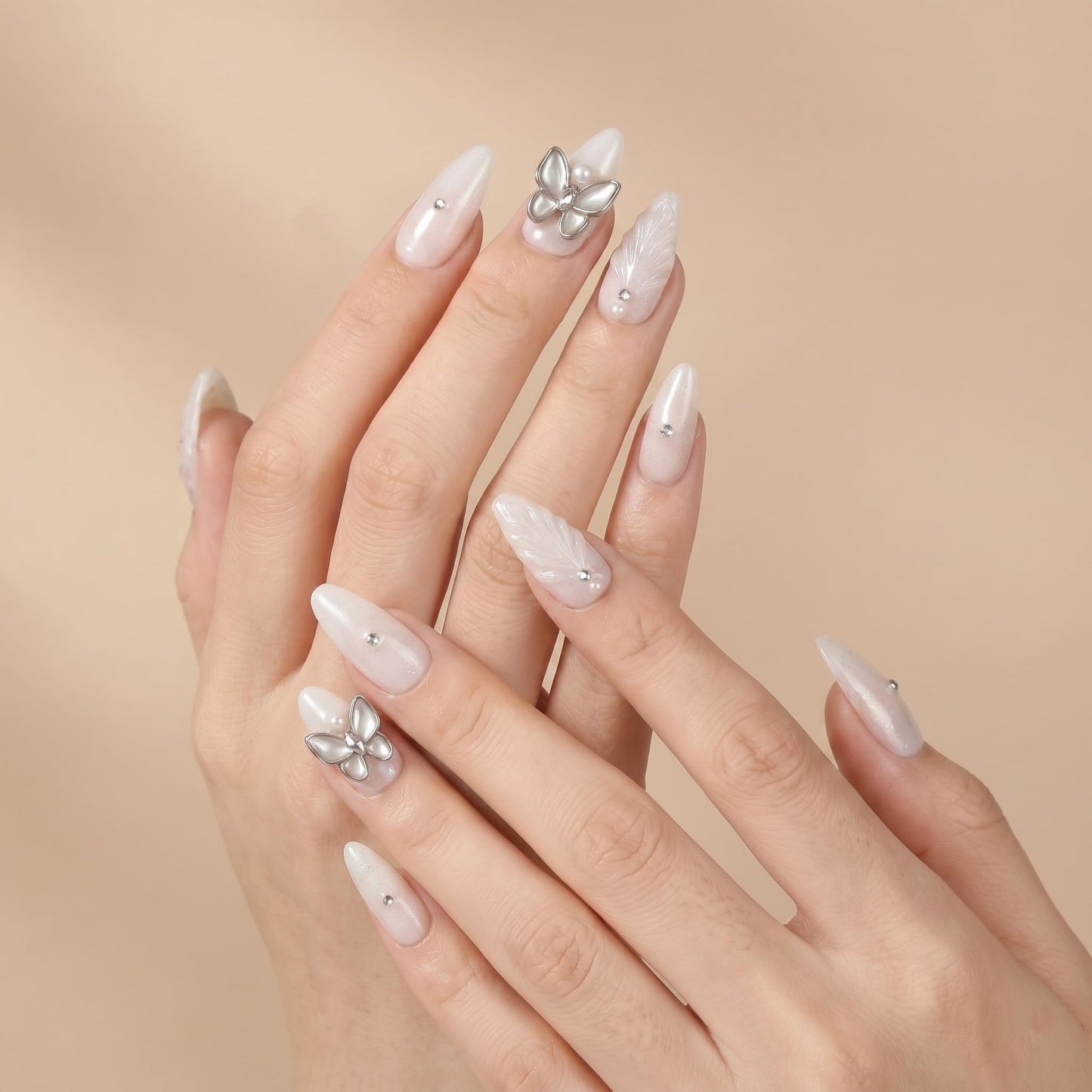 Sun&Beam Nails Handmade Press On Nails Long Stiletto Silver Glitter Butterfly Pearl Shimmer 10 Pieces for Everyday Wear and Special Occasions (#020 S)