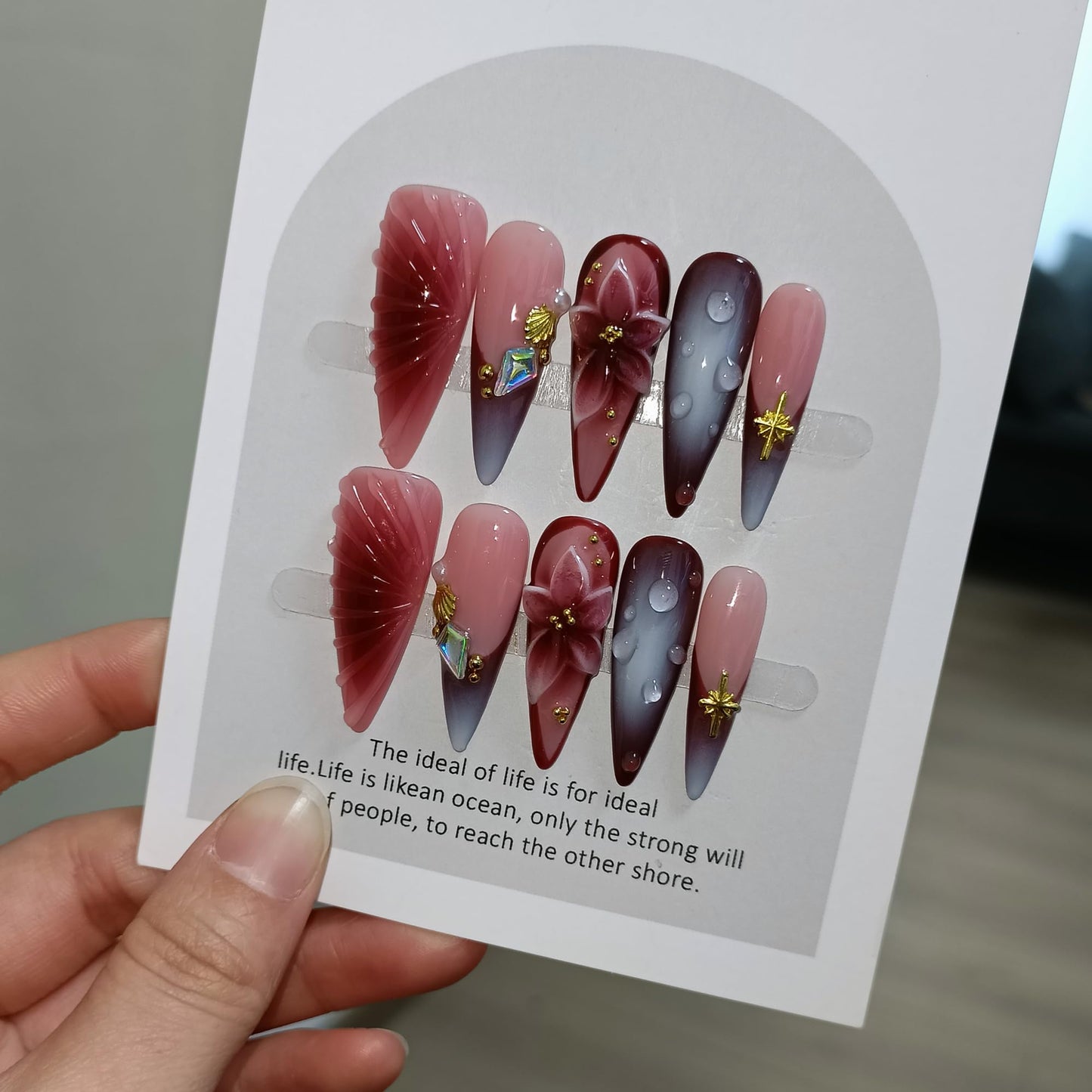 TENPAL Stiletto Press on Nails - Wine Brown Blushing French Fake Nails with 3D Floral Teardrop Design,Glossy False Nails with Tools,Handmade Glamorous Winter Style Glue on Nails for Women Girls(M)