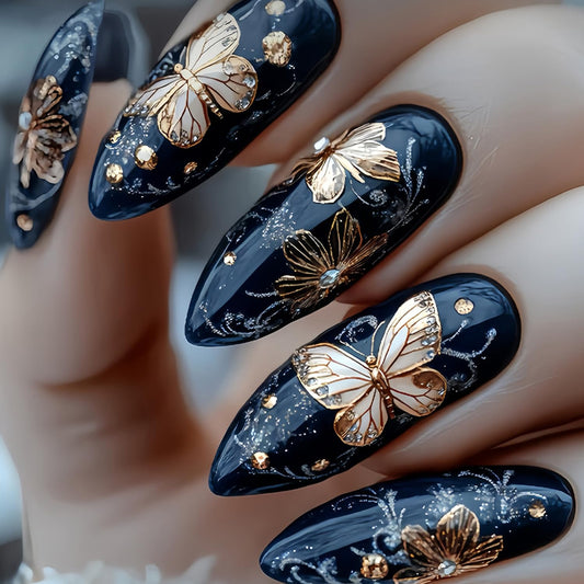Flower Black Press on Nails Medium Artificial Acrylic False Nails Metal Butterfly with Stick on Nail Full Cover Rhinestones Almond Reusable Coffin Artificial Floral Fingernails for Women Manicure