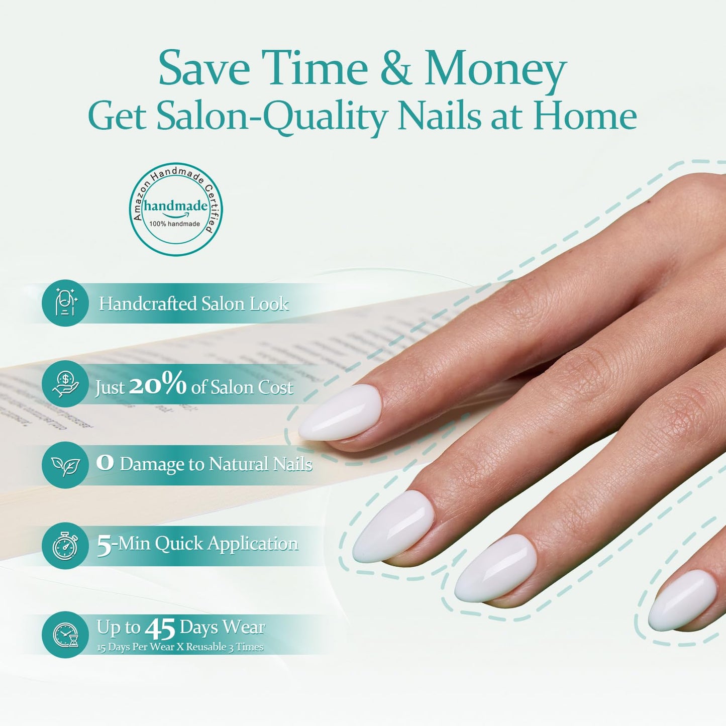 White Press On Nails Short，Almond Acrylic Nails Press On，10 Pcs Milky White Tip Press Ons,Handmade Custom-Sized False Nails Kit,Salon Quality,Long Lasting,Size XL for Wide Nails