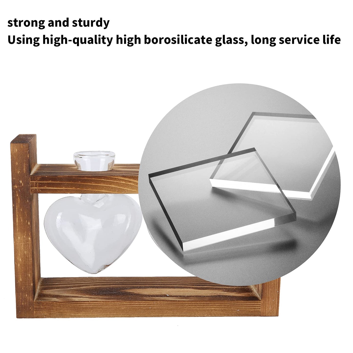 Flower Vase, Glass Desktop Planter Plant Terrarium Kit Desktop Propagation Station Glass Flower Vase with Wooden Holder for Wedding Decoration (Retro Frame + 3 Heart Bottle)