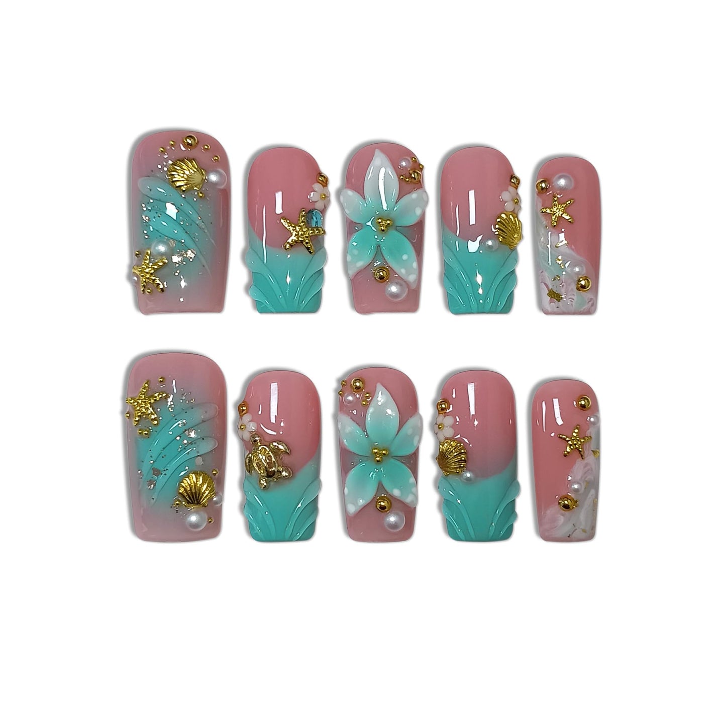 TENPAL Handmade Coffin Press on Nails Medium- Emerald Green Blushing Ombre Fake Nails with 3D Starfish & Shell Design, Coastal Elegance Style Glossy Acrylic Flowers False Nails with Tools(S)