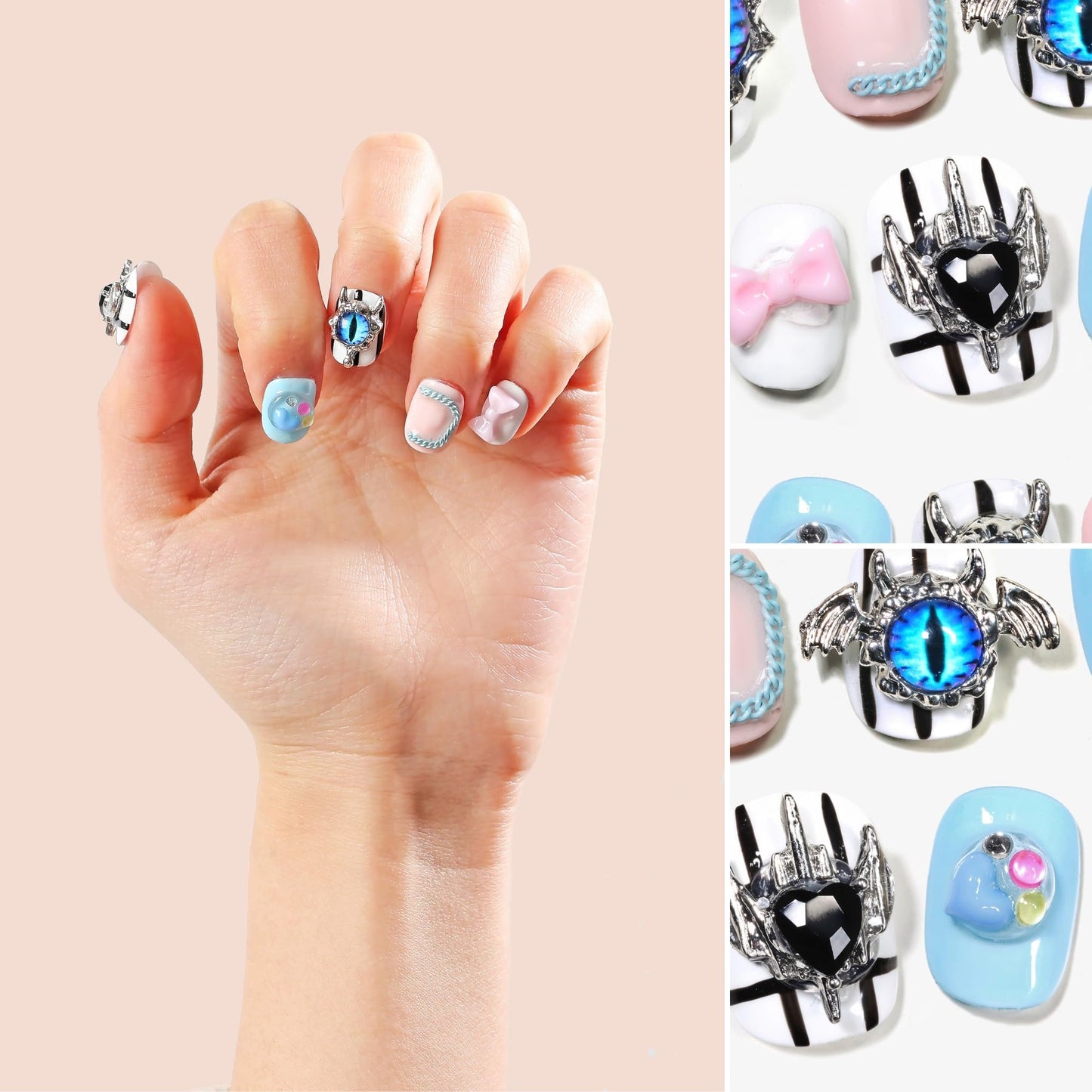 Sun&Beam Nails Handmade Press-on Short Round Black Pink White Blue Hand-painted Design Cool Fashionable False Nail Tips 10 Pcs (#147 S)