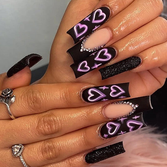 MISUD Press on Nails - Long Square Fake Nails with Matte Black, Acrylic Bling Glitter Design 24 pcs
