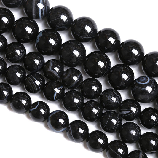8mm 45PCS Natural Stone Black Agate Stripe Onyx Semi Precious Loose Beads for Jewelry Making DIY Bracelet