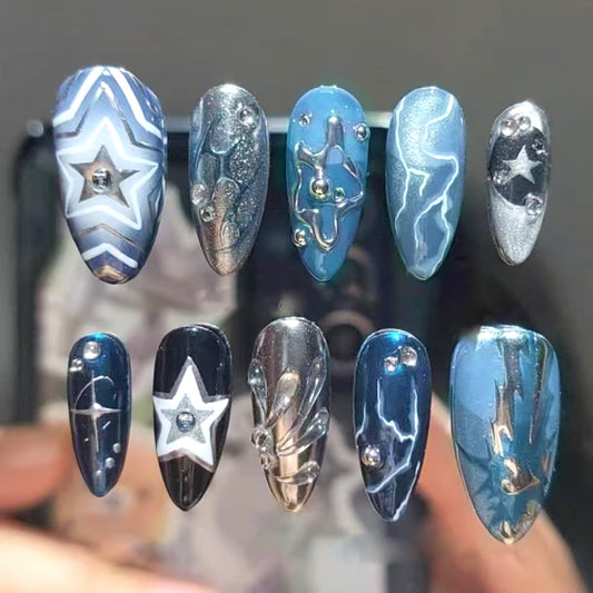 24Pcs Dark Blue Press on Nails Medium Almond Fake Nails with 3D Ripple Irregular Silver Line Star Design Glossy French Nails Tip Stick on Nails Full Cover Artificial Glue on on Nails for Women