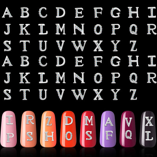 Maitys 104 Pieces Letter Nail Silver Studs 3D Capital Charms Letters and Rhinestone Crystal Nail Decals English Alphabet Fingernail Art Decoration for Women Female DIY Fingernail Art