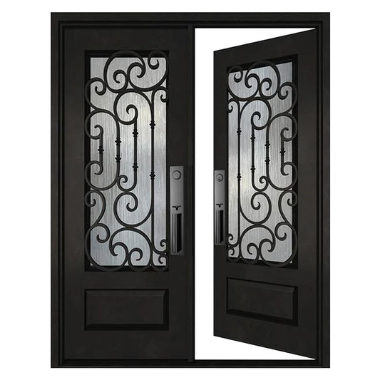 BGW Doors Matte Black Iron Double Front Entry Door with Tempered Privacy Glass, Prehung Pre-Finished Exterior Door, Right Inswing, 30x30x80