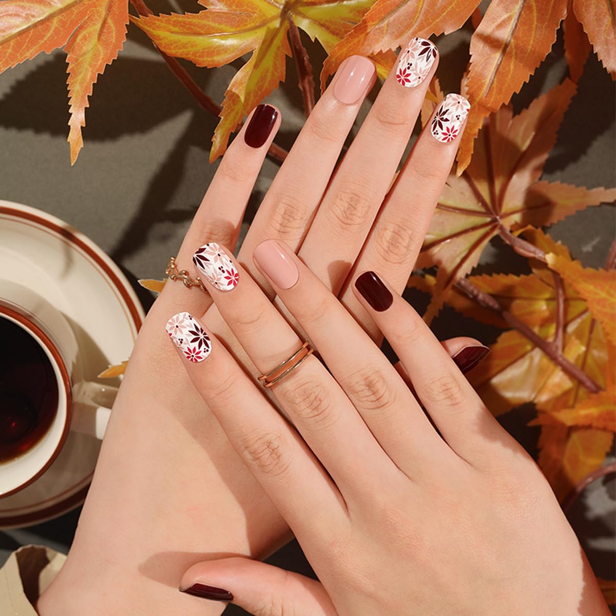 Brown Semi Cured Gel Nail Strips,Gel Nail Stickers with UV/Led Lamp Required,Salon-Quality, Long Lasting, Easy to Apply & Remove,Fall Winter Flower Manicure for Women
