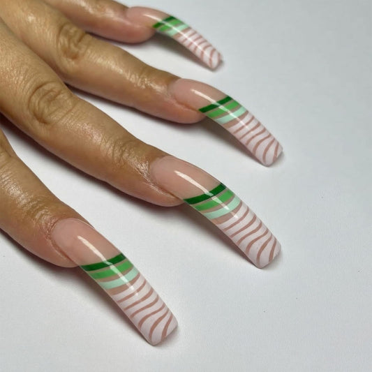IMSOHOT Long Curved Press on Nails, Green Wavy Square Fake Tips with Glue, 20Pcs Full Cover French Swirl Design, Trendy Geometric Art Acrylic Glue-ons