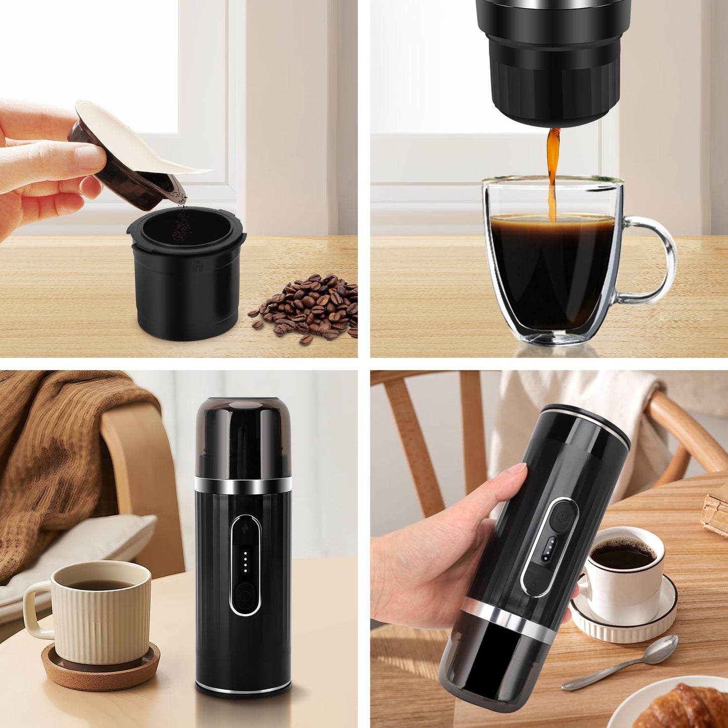 ZEMBSOYA Portable Espresso Machine, Travel Espresso Maker, Car Coffee Maker Self-Heating with USB-C, Compatible with Ground Coffee & Capsules (NS＆DG) for RV, Hiking, Camping, Office