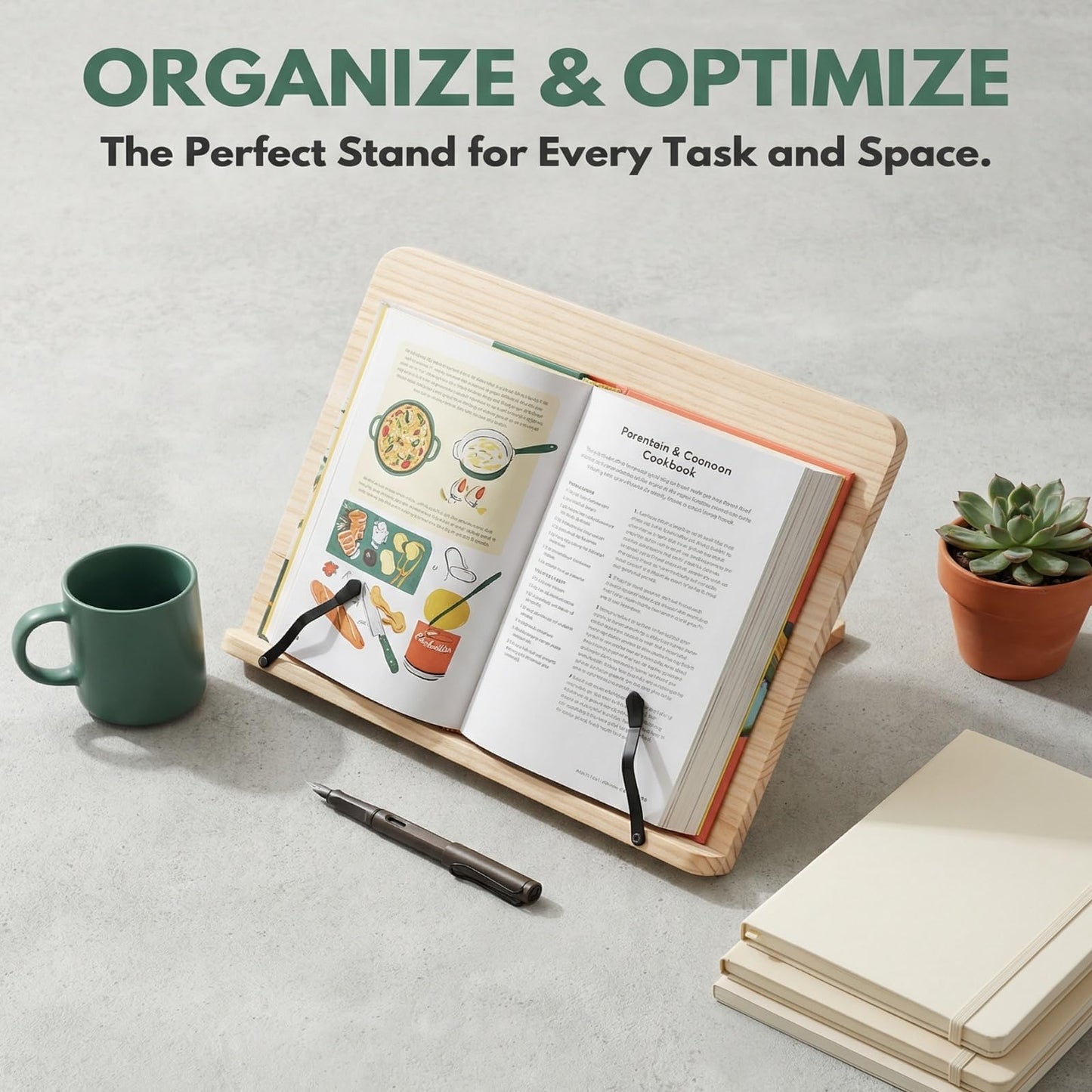Reading Rack Wooden Bookshelf - Book Stand Foldable with 8 Adjustable Positions and Page Clips,Suitable for cookbooks、iPads、laptops、Sheet Music、and Reading Stands (13.4x9.45inch)