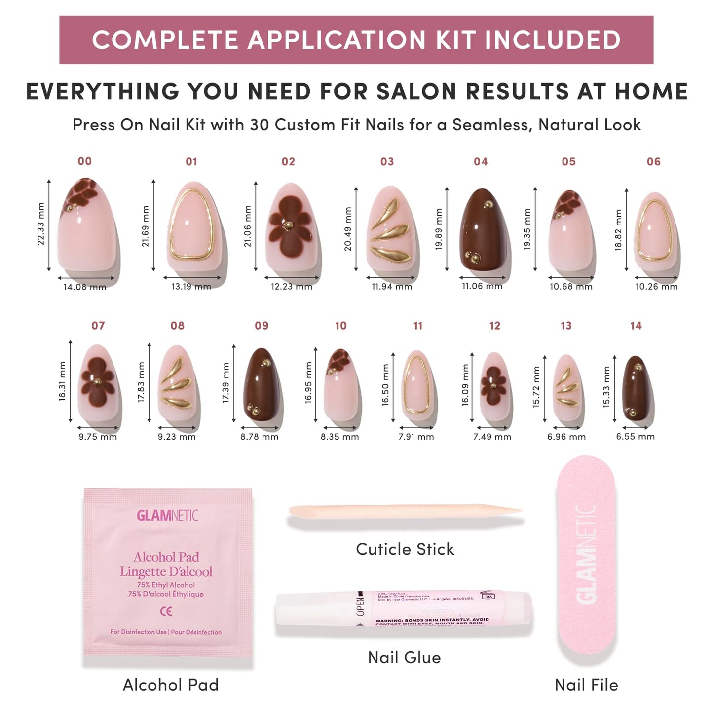 Glamnetic Press On Nails - Short Almond Fake Nails with Floral Designs, Gold Foil, Glossy Finish | Salon Quality Summer Nails | Sunbaked | 15 Sizes - 30 Nail Kit with Glue