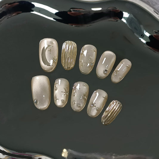 TENPAL Handmade Press on Nails Short Oval,Cat Eye Fake Nails with Mirror Star Moon Designs,Soft Gel Ethereal Edgy French Retro Nails Kit with Tools,Shimmer Glossy Glue on Nails Short for Women(XS)