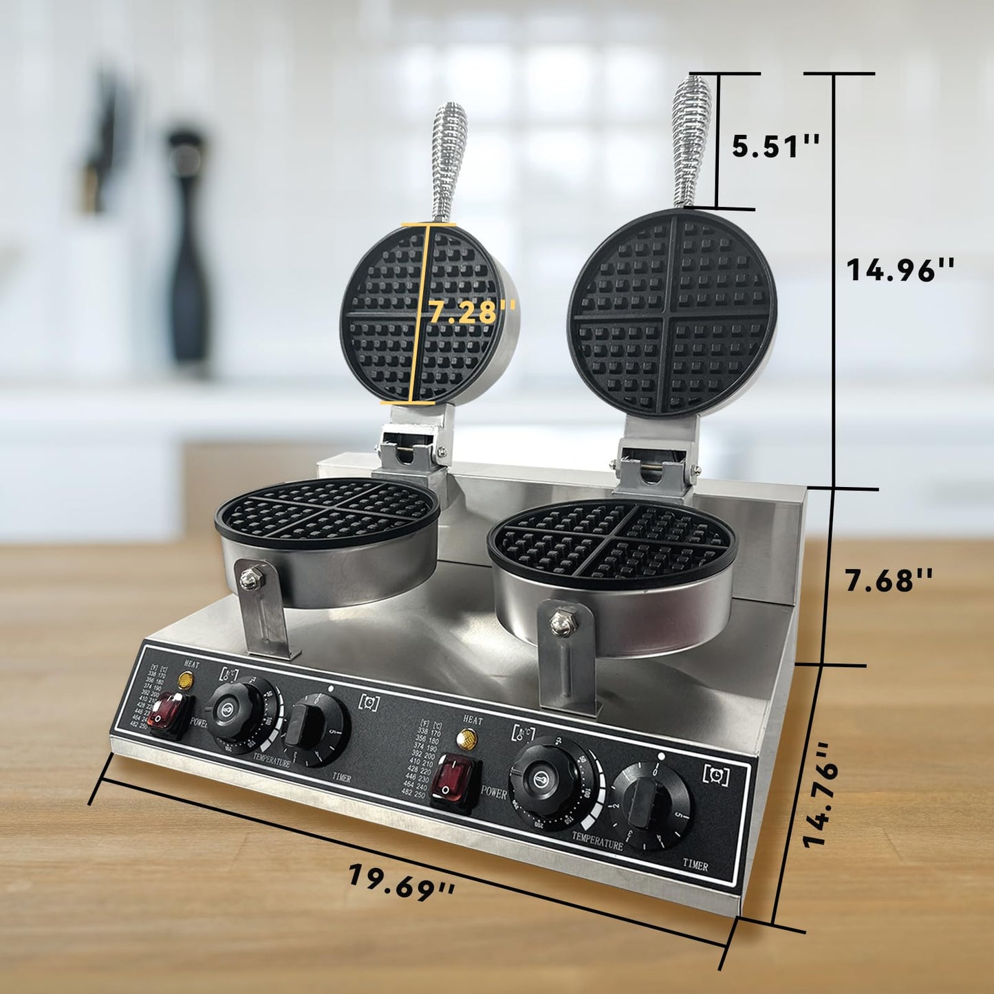Commercial Waffle Maker Machine, 110V 2400 W Staninless Steel Waffle Iron, Double Head Nonstick Waffle Maker for Home Cafe and Restaurant
