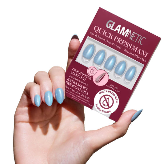 Glamnetic Quick Press Mani - No Glue Press On Nails, Just Peel and Stick, Almond Extra Short Nails, Mess Free, Salon Quality Stick On Nails, Ocean Prism | in 15 Sizes - 30 Nail Kit | Gift For Mom