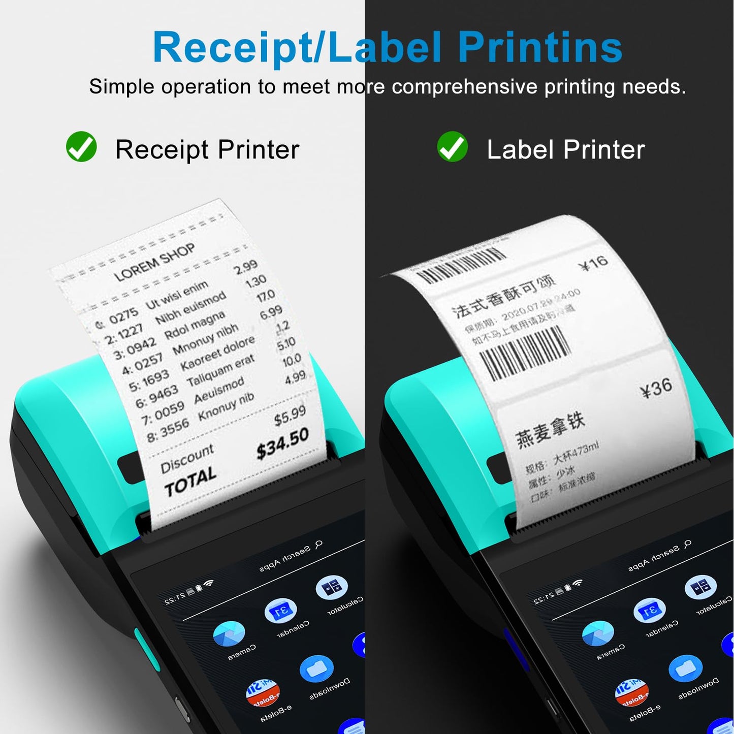 POS PDA Thermal Receipt Printer Handheld Printer Mobile POS Machine 5.5" Touch Screen 58mm Thermal Printer Android 12 Support 4G:FDD-LTE,TD-LTE 3G: WCDMA 2G: GSM,GPRS Hot spot 3GB Ram +16GB ROM&NFC