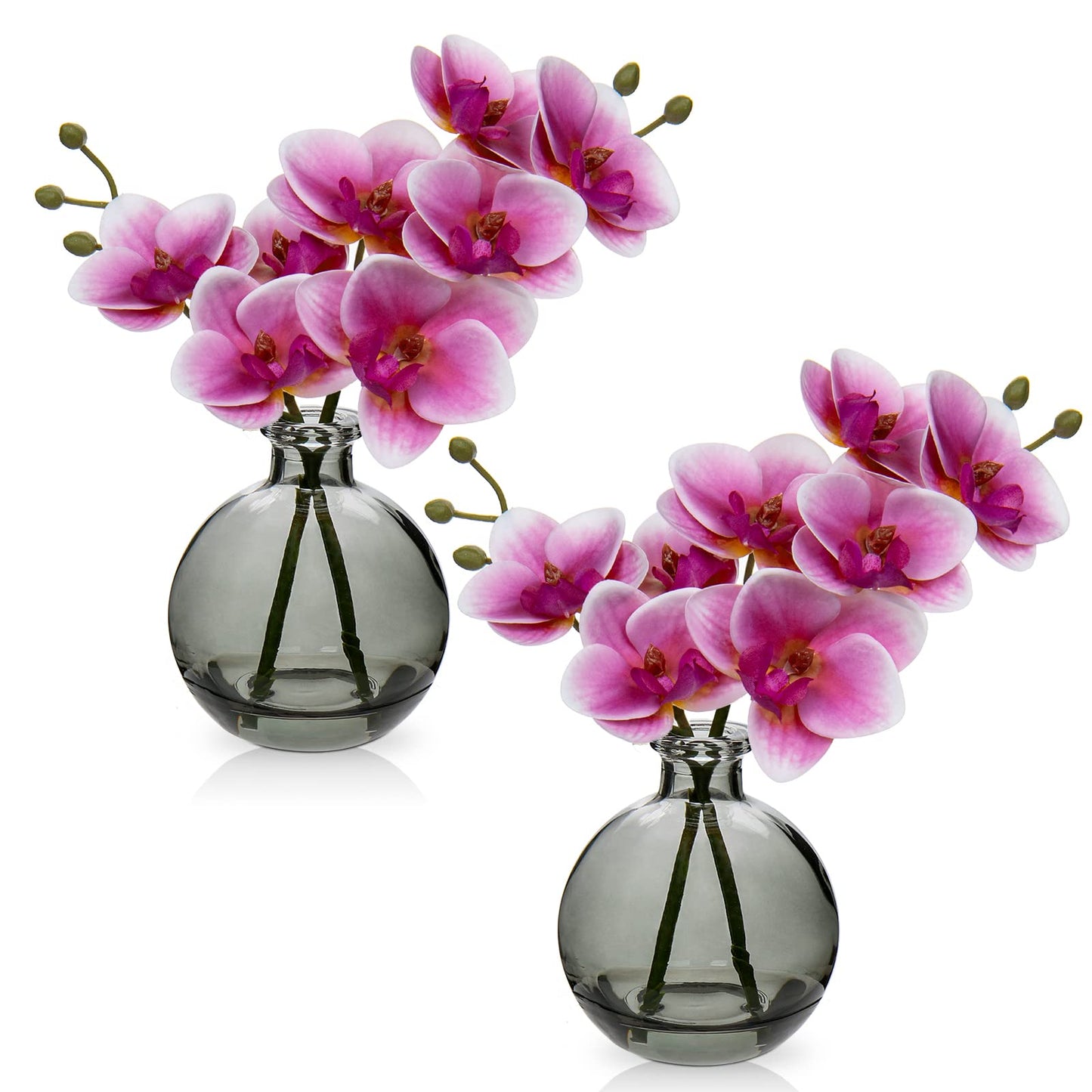 Oairse Pink Orchids Artificial Flowers Faux Orchid Arrangement with Black Glass Vase Set of 2 Real Touch Phalaenopsis Orchid Flowers Orchid Centerpiece for Dining Room Table