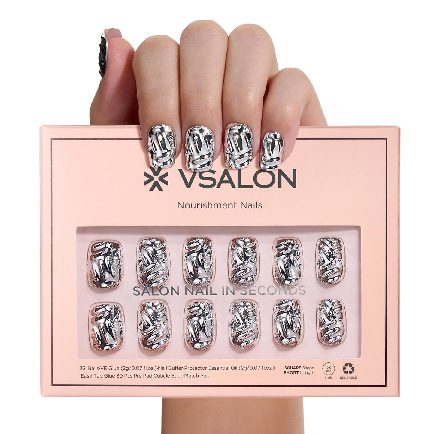 VSALON Short Square Press on Nails - Silver Metallic Chrome 3D Sculpting Fake Nails Kit, Reusable Opaque Punk Glue on Nails, Cuticle Oil - 32 PCS Stick on Nails in 16 Sizes