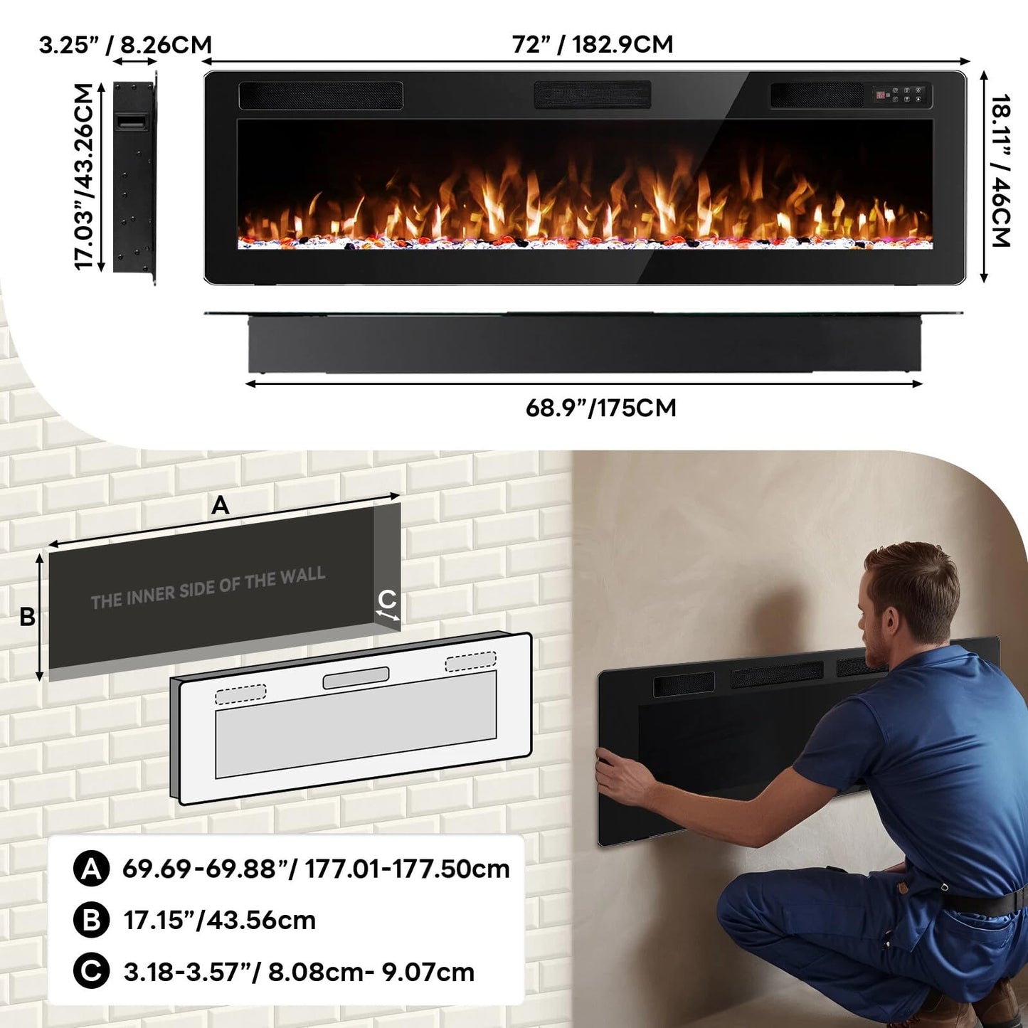 Tornivk 72 Inch Electric Fireplace Inserts Ultra-Thin 750/1500W Linear Electric Fireplace Heater Wall Mounted or Recessed Fireplace Electric with Adjustable Multicolor Flame,Timer