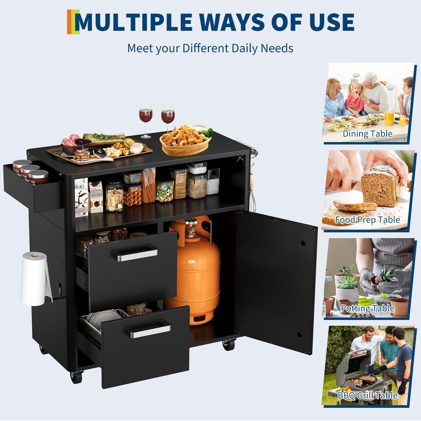 Heavy Duty Outdoor Grill Cart with Stainless Steel Prep Table, Lockable Wheels, Large Storage Cabinet, and Island Table for Patio or Kitchen